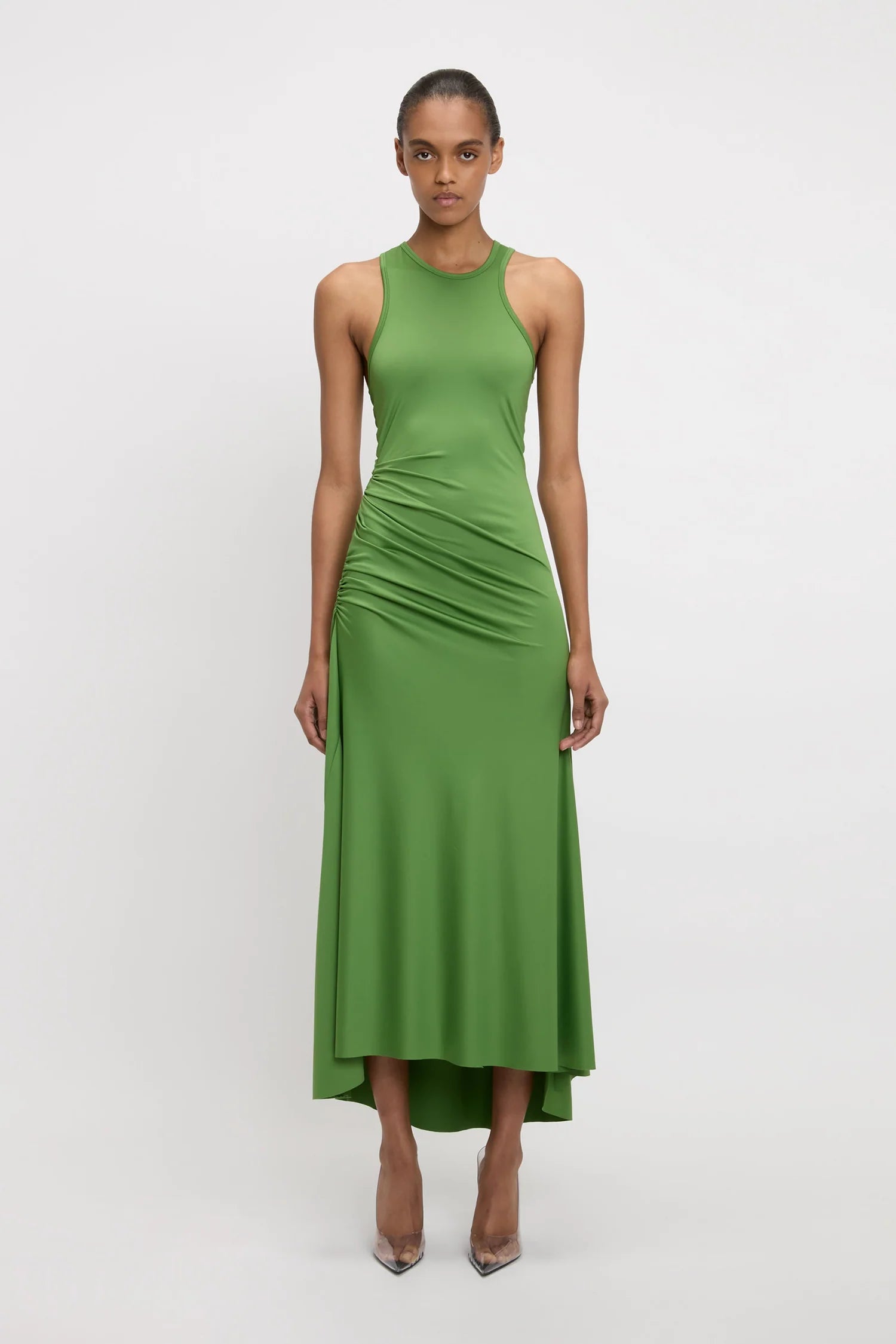 victoria beckham green dress - Paneled Crepe Midi - a back zip closure Victoria Beckham, 48, flashes legs