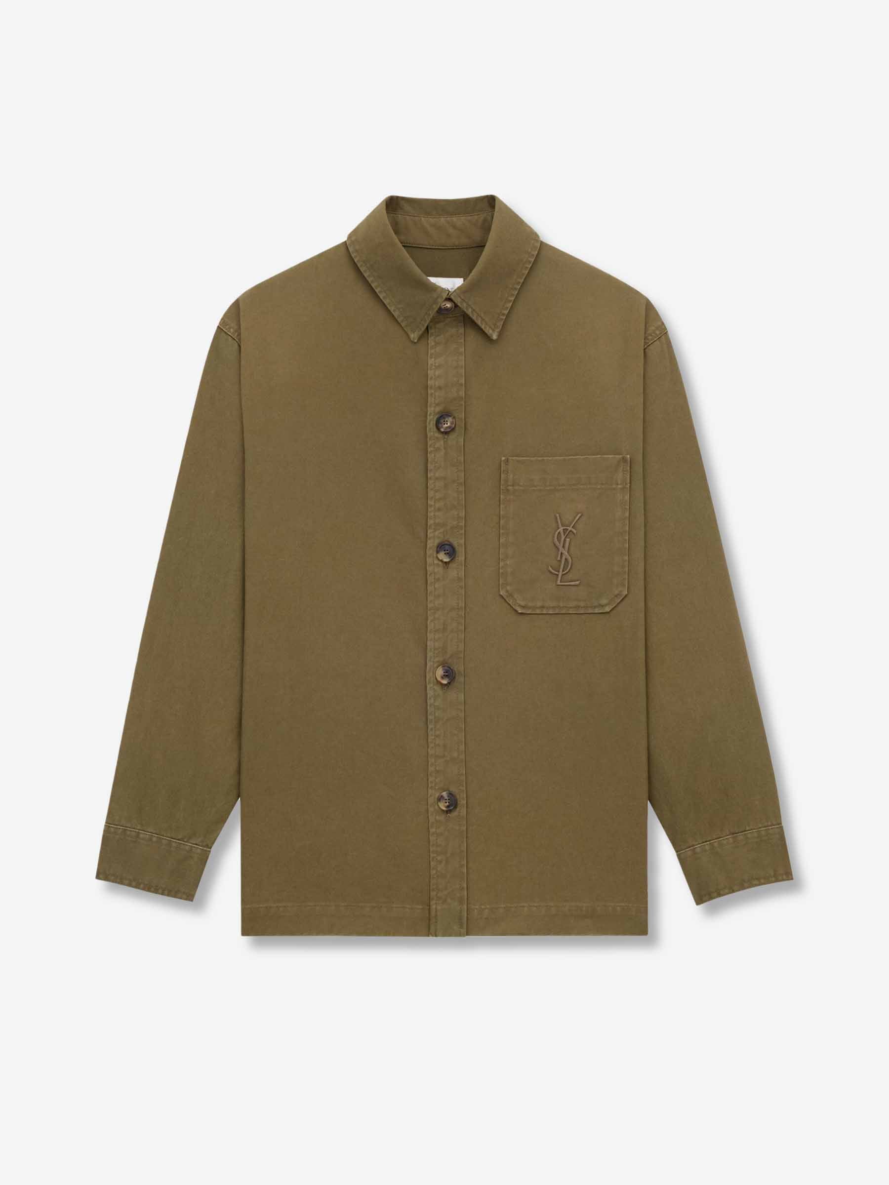 Saint Laurent Hombre Barcelona Sobrecamisa Cassandre de gabardina color Verde Militar sku 513-000097 01 - Foto 1