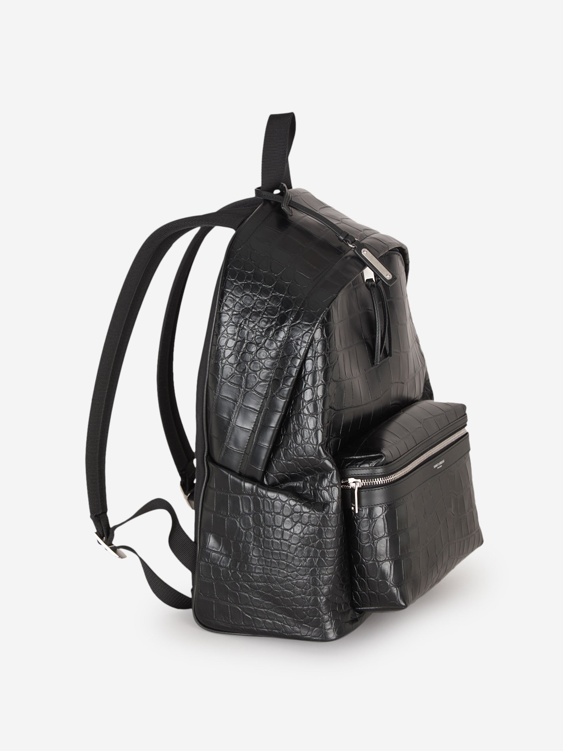city backpack in crocodile-embossed leather Saint Laurent - Black Leather backpack with saint laurent signature embossed exterior zip pocket Blake Crocodile Embossed Backpack
